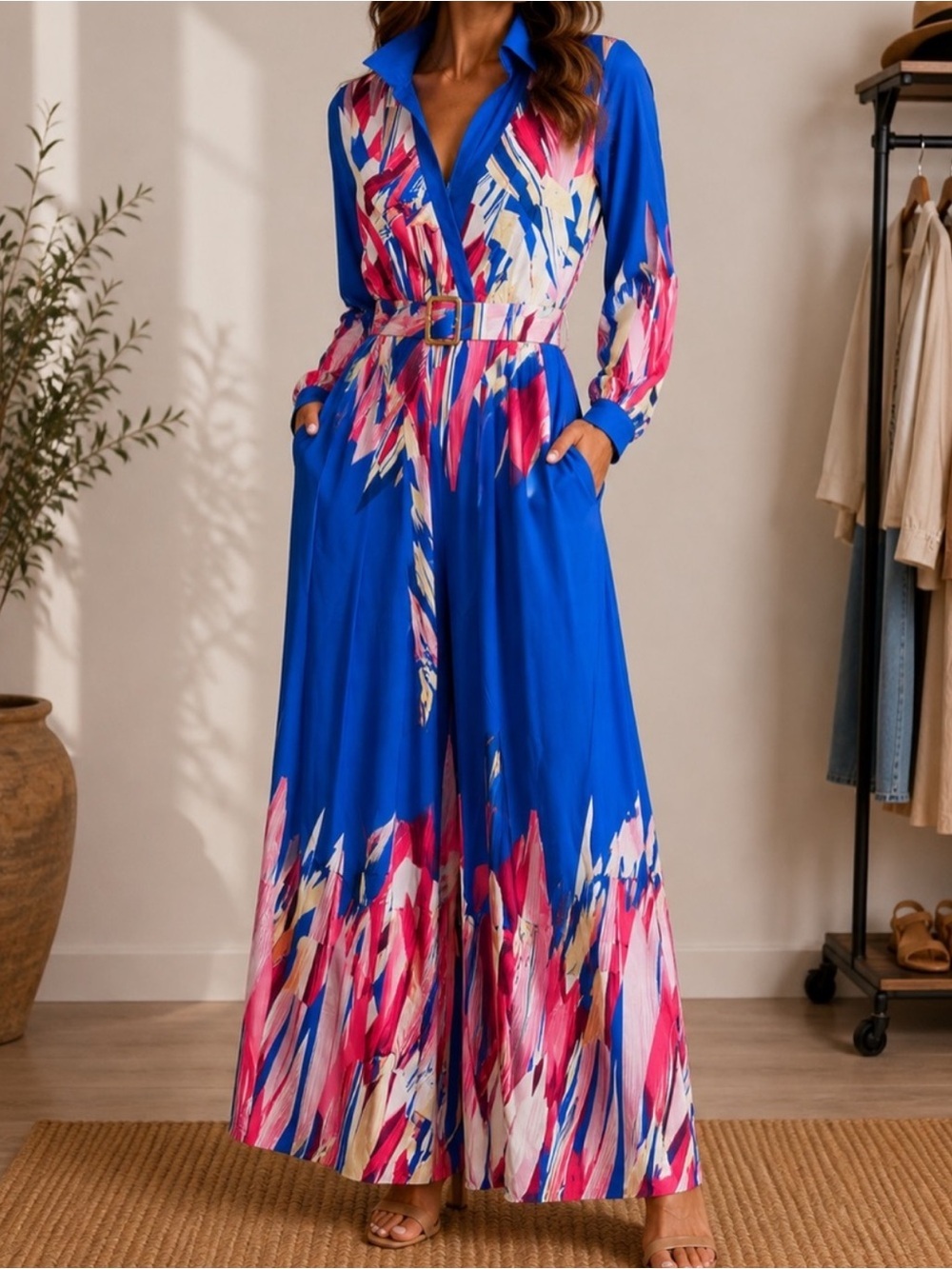 Blue Printed Long Sleeve Maxi Jumpsuit with Belt